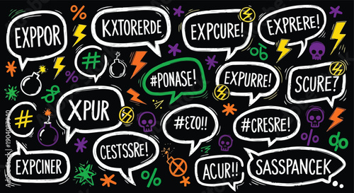 Comic speech bubbles with expletives and symbols on a dark background.
