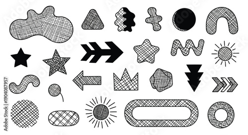 Hand-drawn doodle shapes and arrows with crosshatch texture.