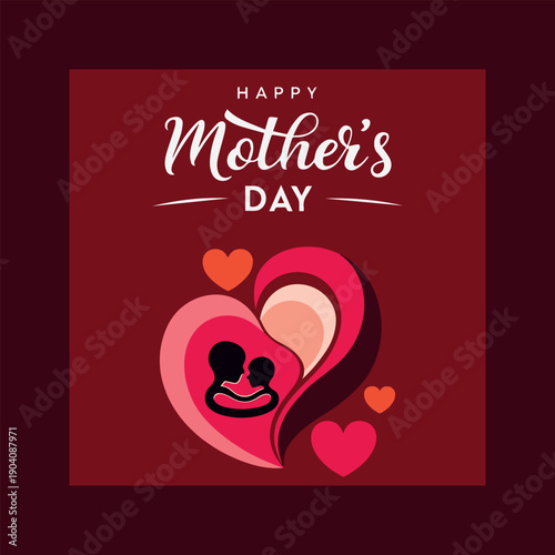 A heartwarming graphic design celebrating mother's day with elegant typography and stylized hearts on a rich red background