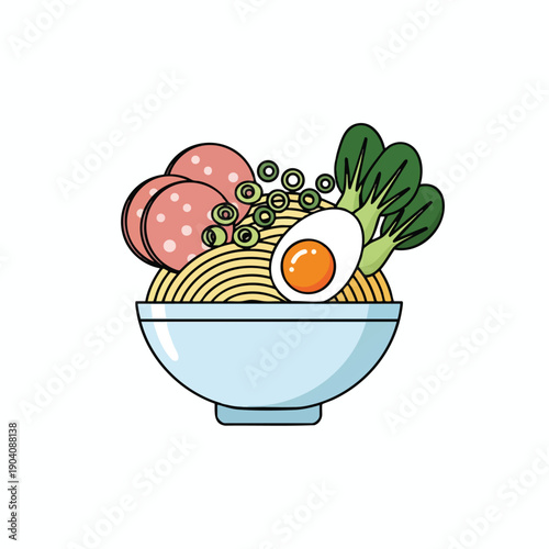 Delicious bowl of noodles with boiled egg and vegetables