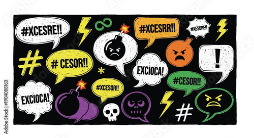 Comic speech bubbles with angry expressions and bomb icons.