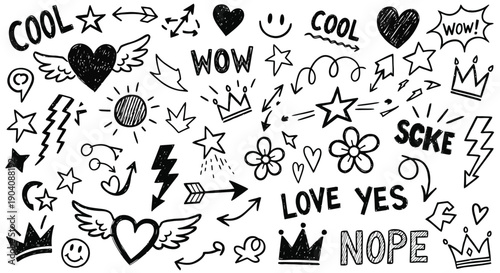 Hand drawn doodle elements collection with hearts stars and arrows.
