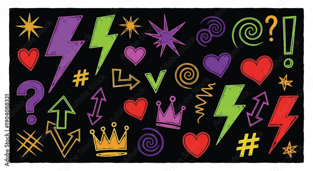 Fototapeta premium Hand drawn doodle set with various colorful symbols and icons.