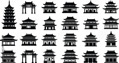 Collection of black silhouettes of traditional Chinese and Japanese pagodas and temples, vector illustration set of asian architecture buildings isolated on white.