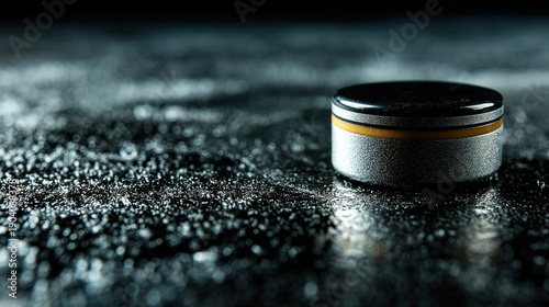 Hockey puck on a textured surface with scattered ice particles.