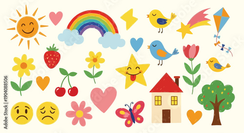 Collection of colorful cartoon illustrations for children.