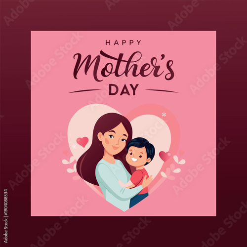 A heartwarming illustration celebrating mother's day, featuring a loving mother embracing her young child within a decorative heart frame.