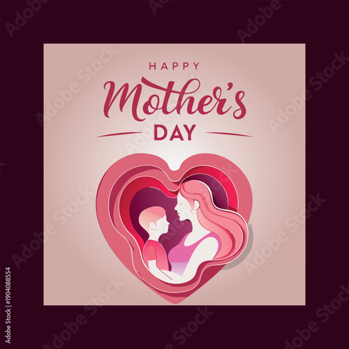 A heartwarming paper-cut illustration celebrating happy mother's day with a loving mother and child embrace