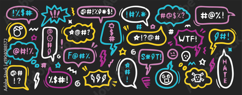 Neon Swear Speech Bubbles and Exclamations in Doodle Style.
