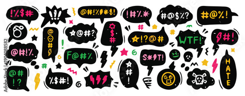 Set of hand drawn speech bubbles with swear words and symbols.