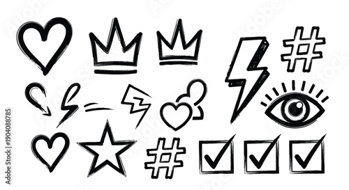 Hand drawn doodle set with hearts crowns lightning bolts hashtags eyes stars and checkmarks.
