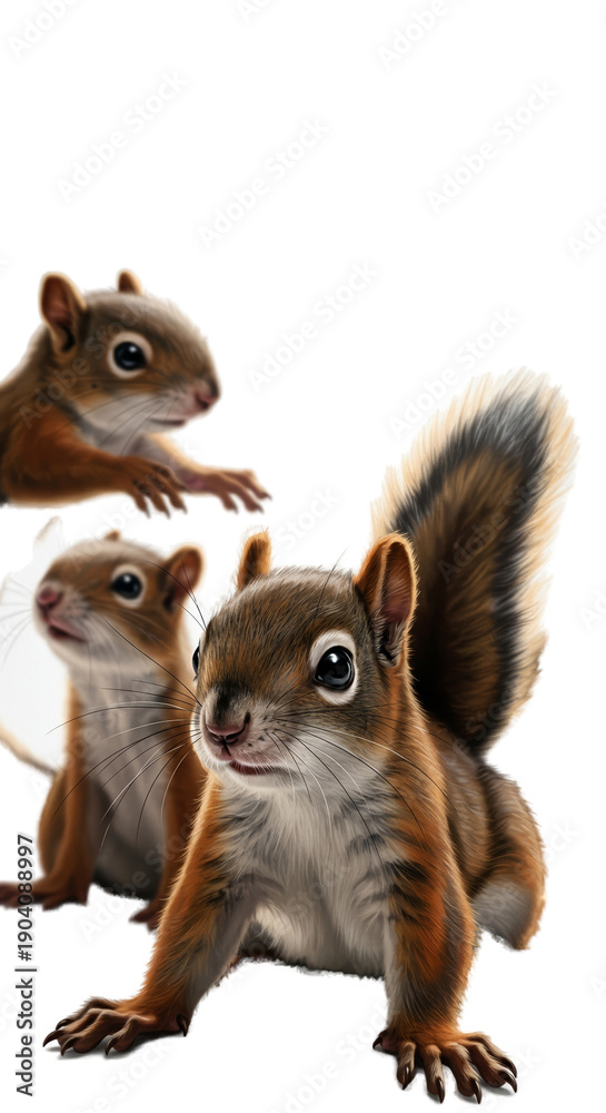 Fototapeta premium Three Realistic Squirrels With Brown Fur And Bright Eyes Illuminated In Soft Light