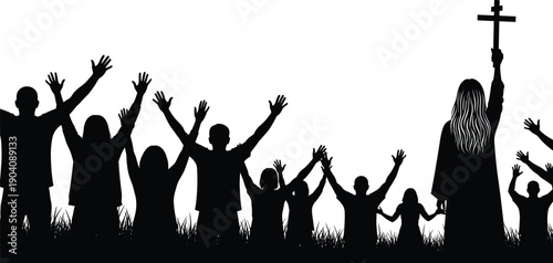 Christian worship silhouette showing people raising hands in prayer and praise, faith community gathering around holy cross symbol for religious devotion and spiritual belief.