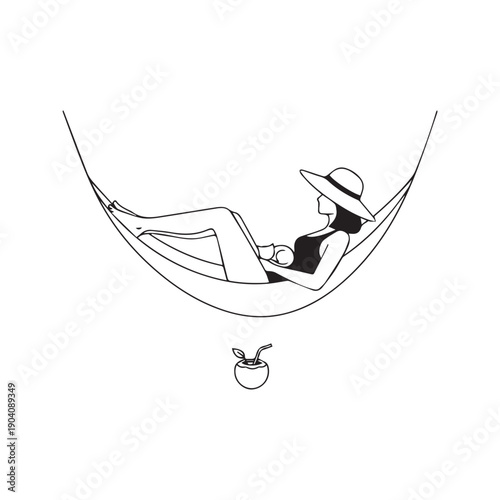 Relaxing summer vacation line art illustration of a woman in a sun hat lying in a hammock with her cat.
