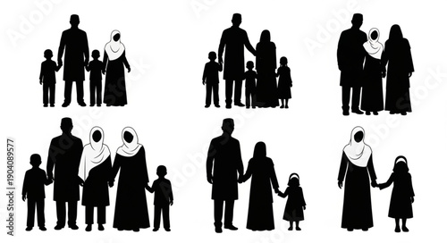 Silhouettes of Muslim families holding hands and walking together.