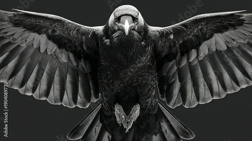 A black and white image of a bird with wings spread wide.