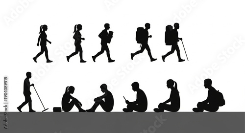 Silhouettes of people hiking walking running and sitting outdoors.