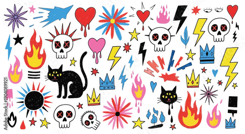 Vibrant collection of hand drawn punk rock and gothic style doodles.