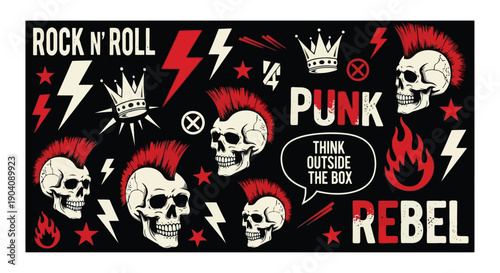 Punk rock rebel skulls with mohawks and crowns.