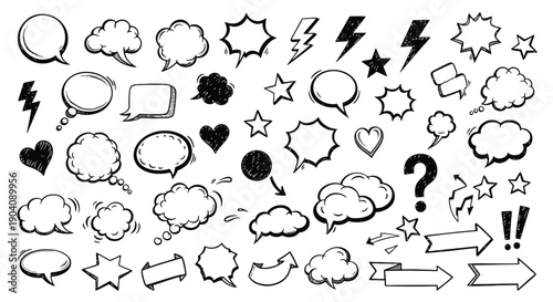 Hand drawn comic style speech bubbles and doodle elements collection.