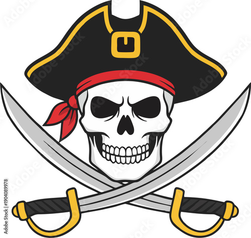 Pirate Skull with Crossed Swords Vector Emblem — Jolly Roger Buccaneer Logo with Tricorn Hat and Red Bandana