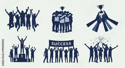 Silhouettes of people celebrating success and achievement together.