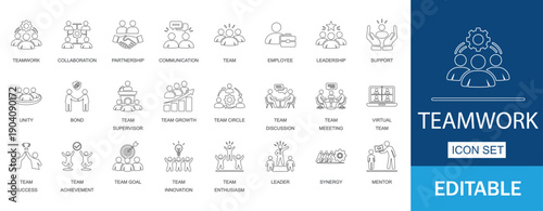 Teamwork Collaboration Leadership Business Growth Vector Icon Set. Editable stroke.