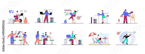 Set of 10 workaholic illustrations packs. Flat vector concepts.