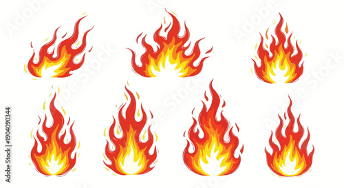 Dynamic Fire Flames Collection Isolated on White Background.