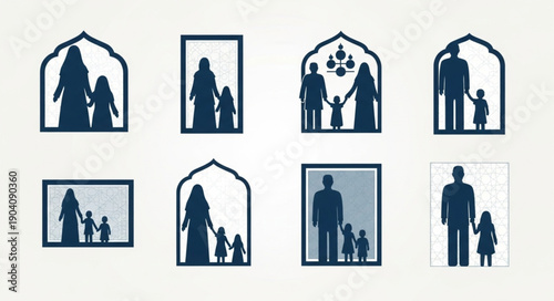 Silhouettes of Muslim families in various window frames.