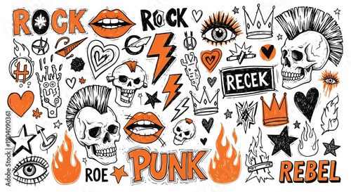 Hand drawn rock and punk rebel doodle set with skulls and flames.