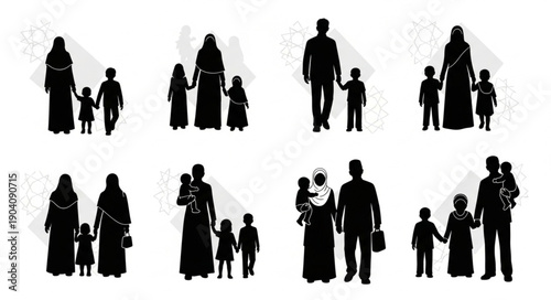 Silhouettes of Muslim families holding hands walking together.