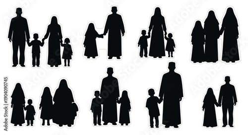 Silhouettes of Muslim families holding hands in various poses.