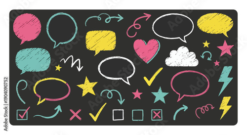 Colorful Hand Drawn Doodle Elements Collection on Dark Background.