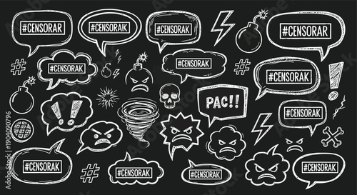 Censorship and Anger Doodle Set on Black Background.