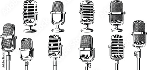Vintage microphone illustration set featuring classic studio and broadcast mics, retro audio recording equipment, black vector designs for podcasting, music 