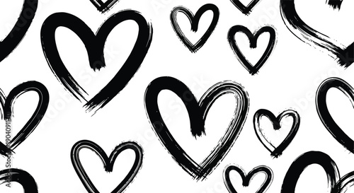 Hand-drawn black heart shapes creating a seamless pattern on a white background.