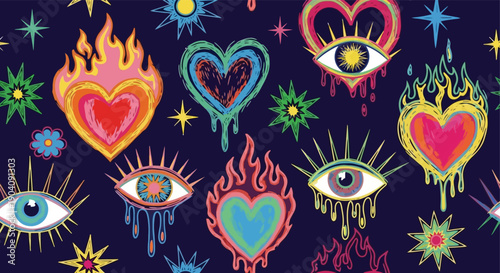 Vibrant Mystical Hearts and Eyes Pattern.