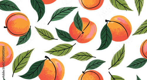 Vibrant Watercolor Peaches and Green Leaves Seamless Pattern.