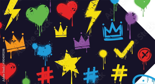 Vibrant graffiti style symbols and icons with dripping paint effect.