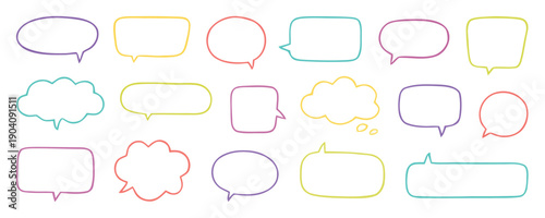 Set of colorful hand-drawn speech bubbles and thought balloons with various shapes and outlines, perfect for communication and dialogue designs.