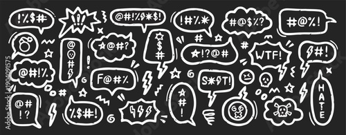 Hand drawn doodle set of speech bubbles with various swear words and expletives.