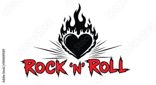 Rock and Roll Heart with Flames and Text.