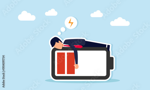 Exhausted businessman sleeping on low battery illustration of losing motivation in running a business