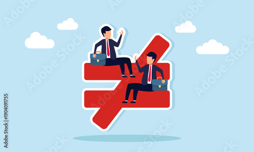 Two businessmen sitting on an inequality symbol illustration of different opinions and perspectives between business partners