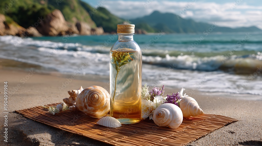 Obraz premium Decorative Glass Bottle with Flowers on Sandy Beach Shore with Shells and Waves in Background