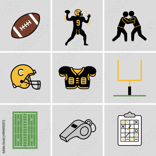 American football icons and equipment for sports design