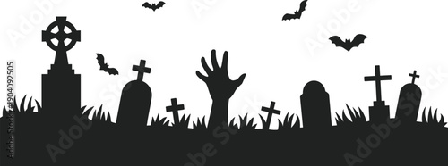 Halloween graveyard silhouette scene, spooky cemetery with tombstones, zombie hand rising, flying bats, horror night concept, black shadow illustration