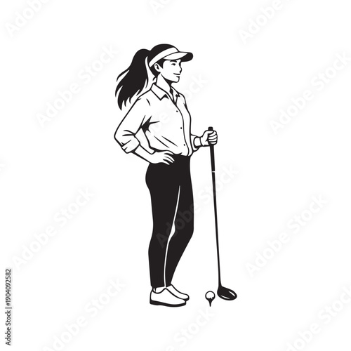 Female Golfer Silhouette Standing with Club and Ball on Tee, Sporty Woman in Visor and Ponytail Playing Golf
