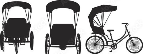 Cycle rickshaw silhouette set with front back side views, traditional Asian transport vehicle, urban street transportation vector illustration design